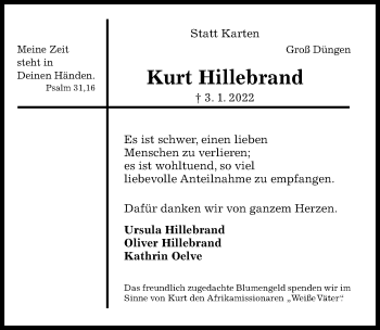 Traueranzeige von Kurt Hillebrand von Hildesheimer Allgemeine Zeitung