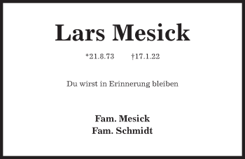 Traueranzeige von Lars Mesick von Hildesheimer Allgemeine Zeitung