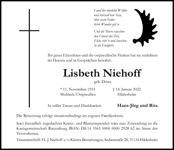 Traueranzeige von Lisbeth Niehoff von Hildesheimer Allgemeine Zeitung