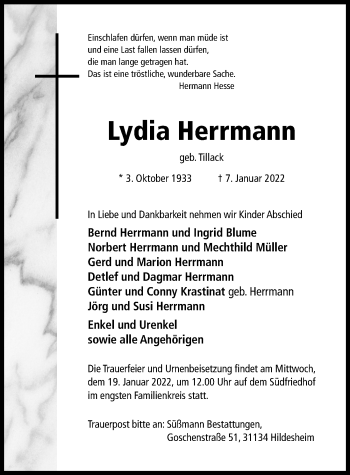 Traueranzeige von Lydia Herrmann von Hildesheimer Allgemeine Zeitung