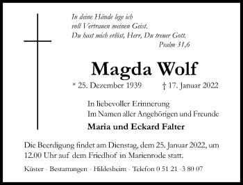 Traueranzeige von Magda Wolf von Hildesheimer Allgemeine Zeitung