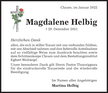 Traueranzeige von Magdalene Helbig von Hildesheimer Allgemeine Zeitung