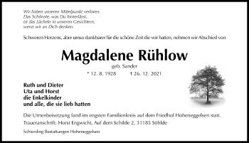 Traueranzeige von Magdalene Rühlow von Hildesheimer Allgemeine Zeitung