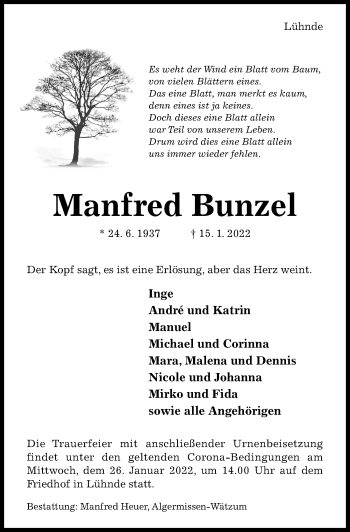 Traueranzeige von Manfred Bunzel von Hildesheimer Allgemeine Zeitung