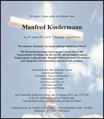 Traueranzeige von Manfred Kindermann von Hildesheimer Allgemeine Zeitung