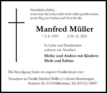 Traueranzeige von Manfred Müller von Hildesheimer Allgemeine Zeitung