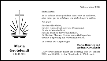 Traueranzeige von Maria Grotefendt von Hildesheimer Allgemeine Zeitung