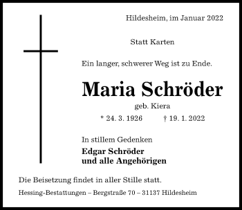 Traueranzeige von Maria Schröder von Hildesheimer Allgemeine Zeitung