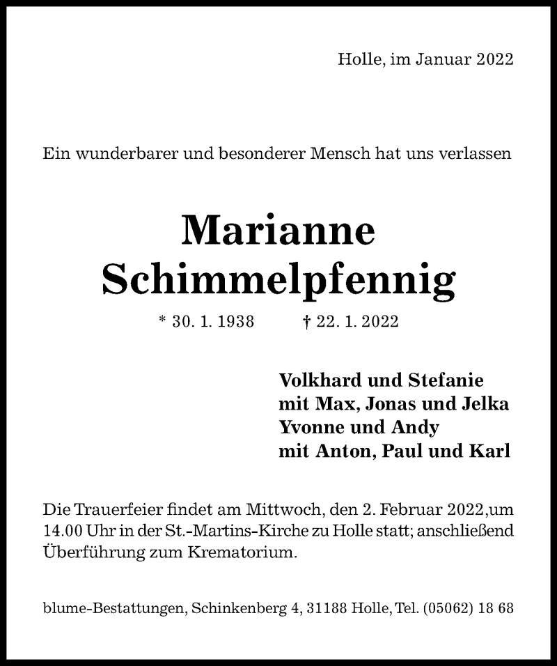  Traueranzeige für Marianne Schimmelpfennig vom 29.01.2022 aus Hildesheimer Allgemeine Zeitung