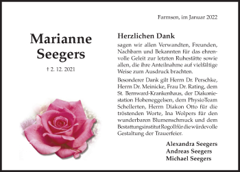 Traueranzeige von Marianne Seegers von Hildesheimer Allgemeine Zeitung