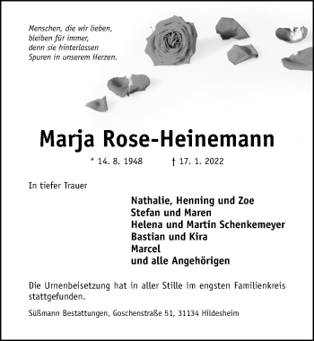 Traueranzeige von Marja Rose-Heinemann von Hildesheimer Allgemeine Zeitung