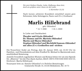Traueranzeige von Marlis Hillebrand von Hildesheimer Allgemeine Zeitung