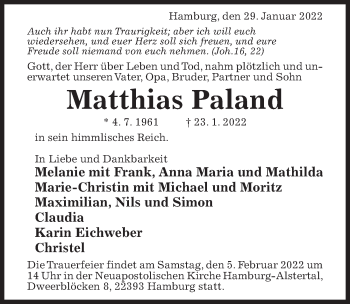 Traueranzeige von Matthias Paland von Hildesheimer Allgemeine Zeitung