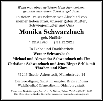 Traueranzeige von Monika Schwarzbach von Hildesheimer Allgemeine Zeitung