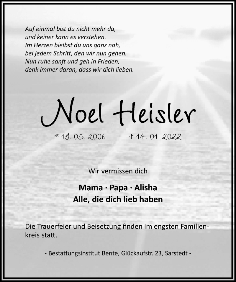  Traueranzeige für Noel Heisler vom 20.01.2022 aus Hildesheimer Allgemeine Zeitung