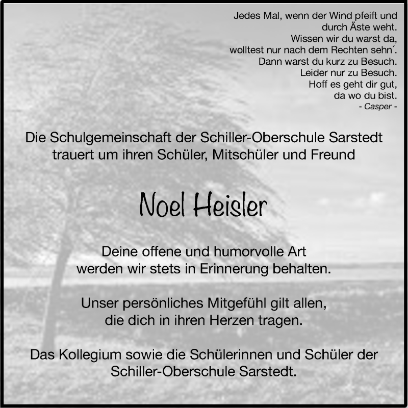  Traueranzeige für Noel Heisler vom 27.01.2022 aus Hildesheimer Allgemeine Zeitung