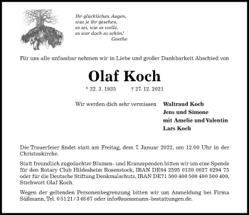 Traueranzeige von Olaf Koch von Hildesheimer Allgemeine Zeitung