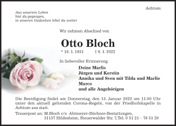 Traueranzeige von Otto Bloch von Hildesheimer Allgemeine Zeitung