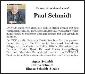 Traueranzeige von Paul Schmidt von Hildesheimer Allgemeine Zeitung