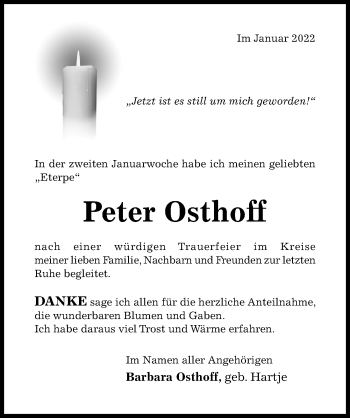 Traueranzeige von Peter Osthoff von Hildesheimer Allgemeine Zeitung