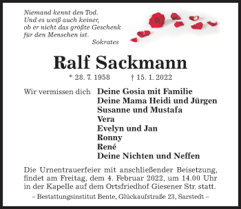 Traueranzeige von Ralf Sackmann von Hildesheimer Allgemeine Zeitung