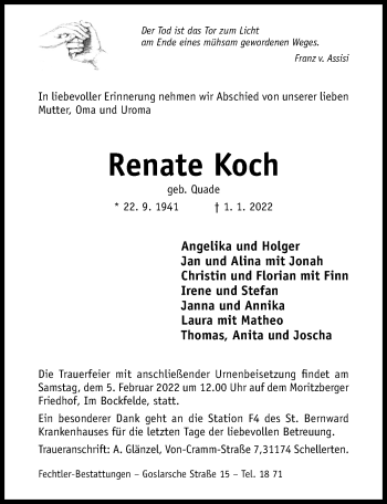 Traueranzeige von Renate Koch von Hildesheimer Allgemeine Zeitung