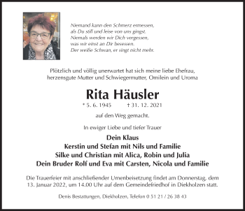 Traueranzeige von Rita Häusler von Hildesheimer Allgemeine Zeitung