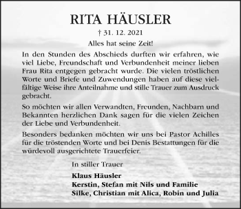 Traueranzeige von Rita Häusler von Hildesheimer Allgemeine Zeitung