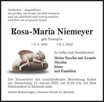 Traueranzeige von Rosa-Maria Niemeyer von Hildesheimer Allgemeine Zeitung