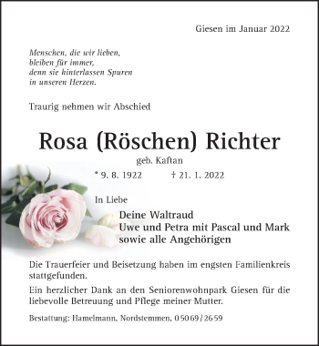 Traueranzeige von Rosa Richter von Hildesheimer Allgemeine Zeitung