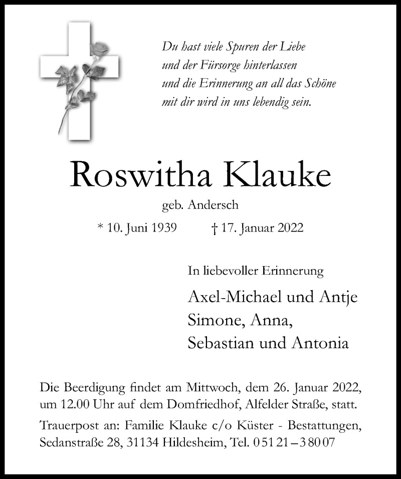  Traueranzeige für Roswitha Klauke vom 22.01.2022 aus Hildesheimer Allgemeine Zeitung