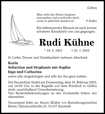 Traueranzeige von Rudi Kühne von Hildesheimer Allgemeine Zeitung