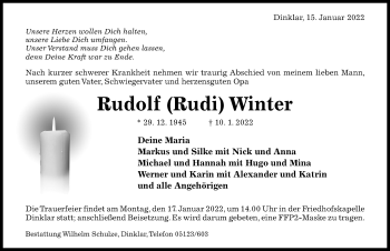 Traueranzeige von Rudolf  Winter von Hildesheimer Allgemeine Zeitung