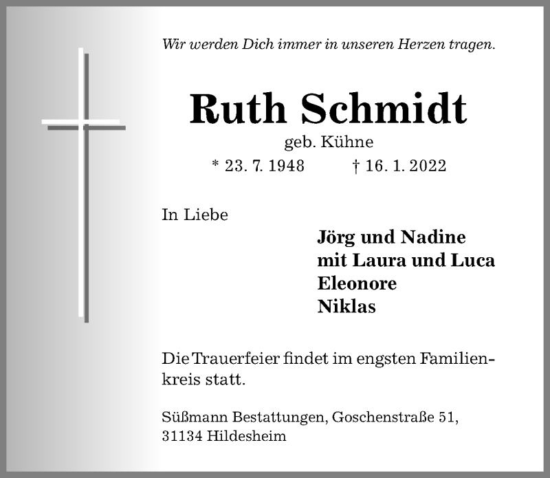  Traueranzeige für Ruth Schmidt vom 20.01.2022 aus Hildesheimer Allgemeine Zeitung