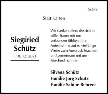 Traueranzeige von Siegfried Schütz von Hildesheimer Allgemeine Zeitung