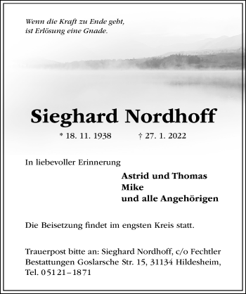 Traueranzeige von Sieghard Nordhoff von Hildesheimer Allgemeine Zeitung