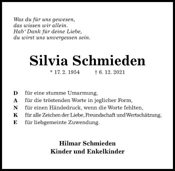 Traueranzeige von Silvia Schmieden von Hildesheimer Allgemeine Zeitung