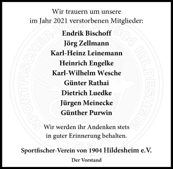 Traueranzeige von Sportfischer-Verein von 1904 Hildesheim e.V. trauern um  von Hildesheimer Allgemeine Zeitung