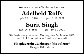 Traueranzeige von Surit Singh von Hildesheimer Allgemeine Zeitung