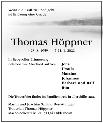 Traueranzeige von Thomas Höppner von Hildesheimer Allgemeine Zeitung