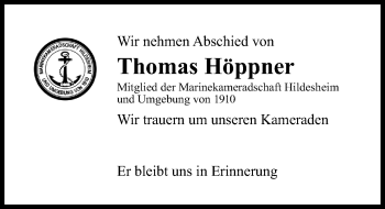 Traueranzeige von Thomas Höppner von Hildesheimer Allgemeine Zeitung