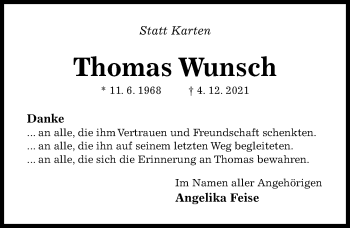 Traueranzeige von Thomas Wunsch von Hildesheimer Allgemeine Zeitung