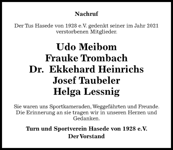 Traueranzeige von Udo Meibom von Hildesheimer Allgemeine Zeitung