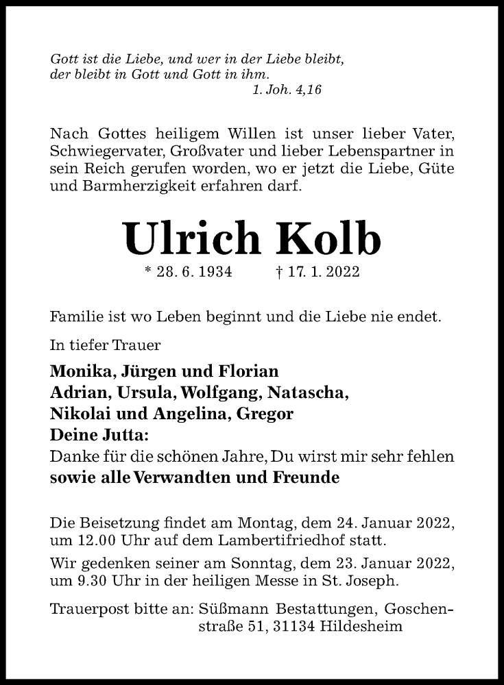  Traueranzeige für Ulrich Kolb vom 22.01.2022 aus Hildesheimer Allgemeine Zeitung