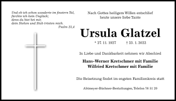 Traueranzeige von Ursula Glatzel von Hildesheimer Allgemeine Zeitung