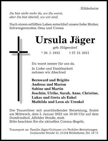 Traueranzeige von Ursula Jäger von Hildesheimer Allgemeine Zeitung