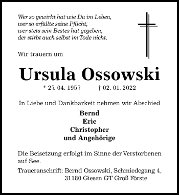 Traueranzeige von Ursula Ossowski von Hildesheimer Allgemeine Zeitung