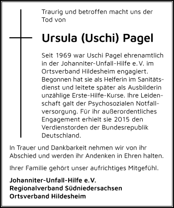 Traueranzeige von Ursula Pagel von Hildesheimer Allgemeine Zeitung