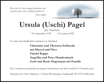 Traueranzeige von Ursula Pagel von Hildesheimer Allgemeine Zeitung