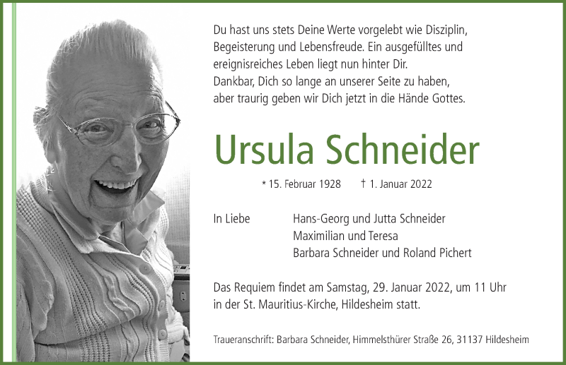  Traueranzeige für Ursula Schneider vom 15.01.2022 aus Hildesheimer Allgemeine Zeitung